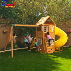 Castlewood Wooden Swing Set Playset with Clubhouse Mailbox Slide and Play Kitche