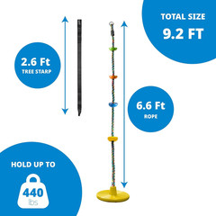 Tree Swing for Kids – Single Disc Seat and Rainbow Climbing Rope Set W/Carabiner
