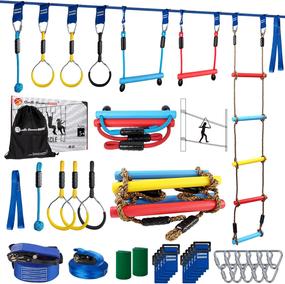 Ninja Warrior Kids Obstacle Course – 56Ft Slackline with 8 Fun Accessories