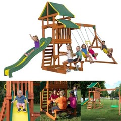 Backyard Discovery Cedar Wooden Swing Set Kids Outdoor 8 Ft Slide Playground Fun