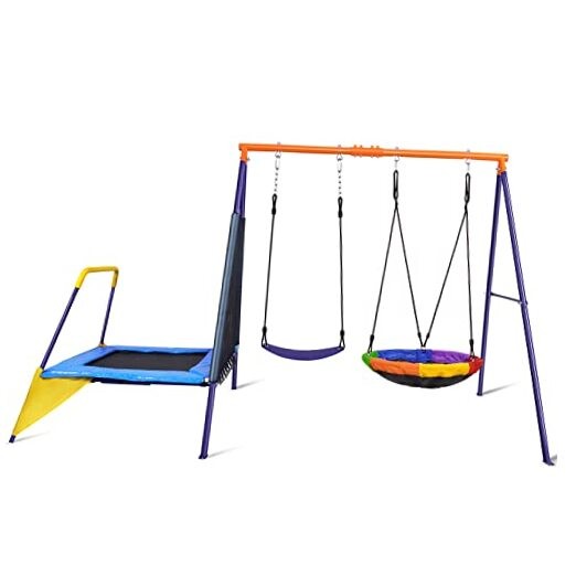 Swing Sets for Backyard with Trampoline 440lbs with Heavy-Duty Blue & Yellow
