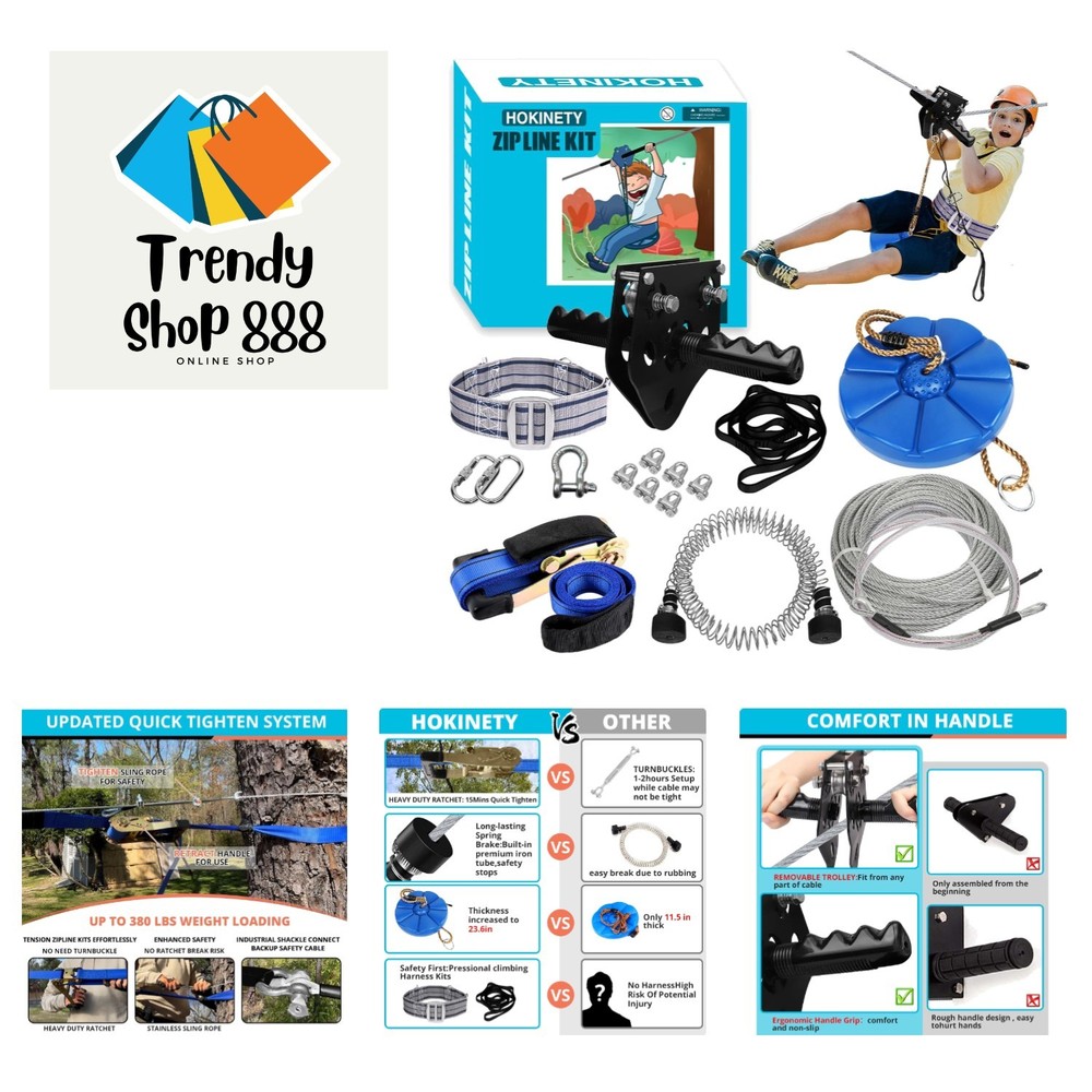 120FT Zip Line Kit for Family Fun – Quick Tightening, Rust-Free Design, 380Lbs