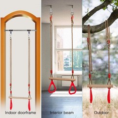 PELLOR Playground Children’s Wooden Trapeze Swing Bar with Plastic Gym Rings Swi