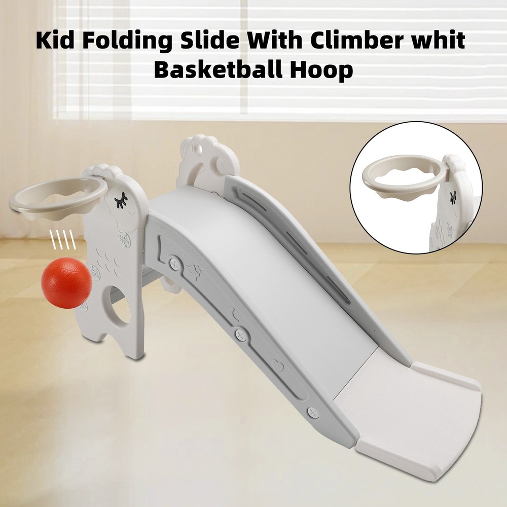 3In1 Kid Folding Slide W/ Climber,Basketball Hoop,Freestanding Slide Toy White