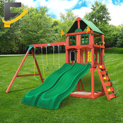 Wooden Swing Set with Vinyl Canopy Roof Dual Wave Slides Playsets 01-1057