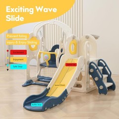 6 in 1 Kid Indoor Playset Freestanding Toddler Slide with Swing Set for 1-3 Blue