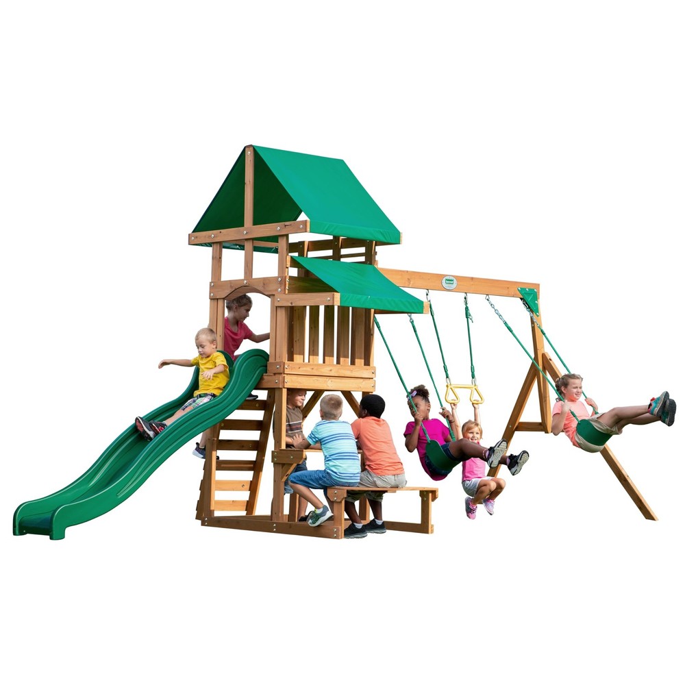 Belmont Cedar Wood Swing Set Wave Slide Play Deck Rock Wall Ladder Snack Bar