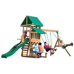 Belmont Cedar Wood Swing Set Wave Slide Play Deck Rock Wall Ladder Snack Bar