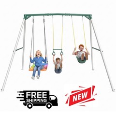 Hapfan 700lb 9.5′ Tall Heavy Duty Metal Swing Set with 3 Swings Outdoor Swingset