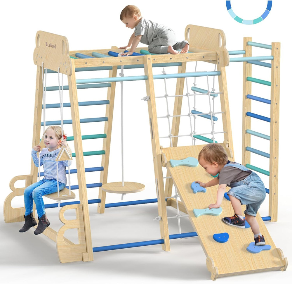 Indoor Jungle Gym 9-in-1 Wooden Montessori Climbing Kids Toys w/Slide, Swing, Mo