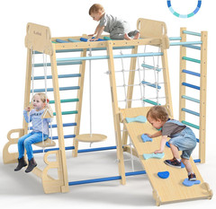 Indoor Jungle Gym 9-in-1 Wooden Montessori Climbing Kids Toys w/Slide, Swing, Mo