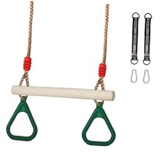 Trapeze Swing Bar with Rings, Wooden Trapeze Swing Bar with Plastic Gym Green