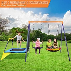 Swing Sets for Backyard with Trampoline 440lbs with Heavy-Duty Blue & Yellow