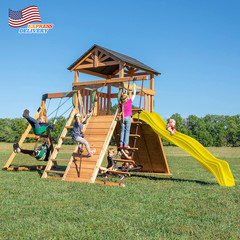Endeavor Cedar Wood Swing Set with Wave Slide Play Deck Double Rock Wall Rope La