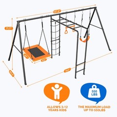 Metal Swing Set for Kids Backyard with Swings, Climbing Ladder Trapeze Bar 550lb