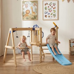 Outsunny Wooden Swing Set with Slide, Baby Swing Seat, Fort for 1.5-4 Years