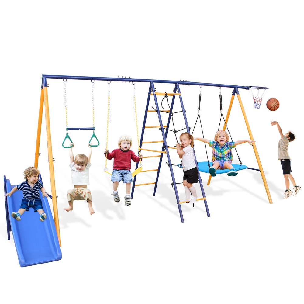 7 in 1 Swing Set for Kids Outdoor A-Frame Heavy-Duty Metal Swing Sets with Slide