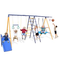 7 in 1 Swing Set for Kids Outdoor A-Frame Heavy-Duty Metal Swing Sets with Slide