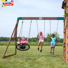 Highlander Cedar Wood Swing Set with Wave Slide Three Story Clubhouse Rock Wall