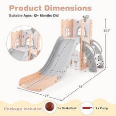 6 in 1 L-shaped Toddle Slide for Toddlers Age 1-3 Baby Slide w/ Basketball Hoop