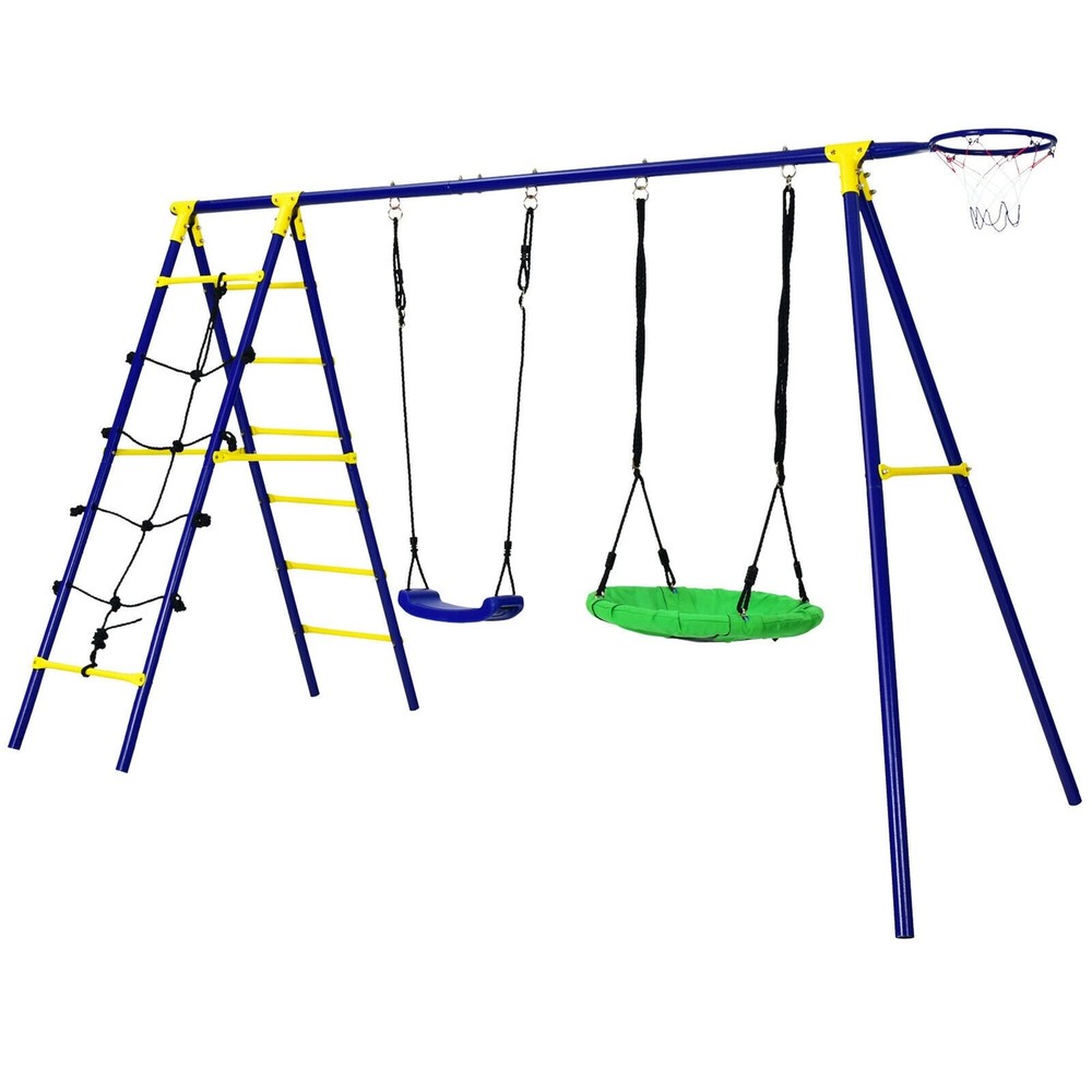 Gymax 5-In-1 Kids Swing Set for Outdoor W/ Heavy Duty Frame Basketball