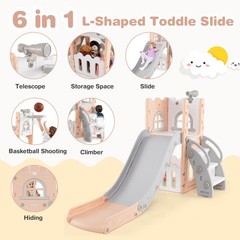 6 in 1 L-shaped Toddle Slide for Toddlers Age 1-3 Baby Slide w/ Basketball Hoop