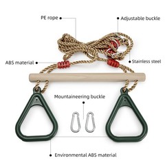 Playground Children’s Wooden Trapeze Swing Bar with Plastic Gym Rings Swing S…