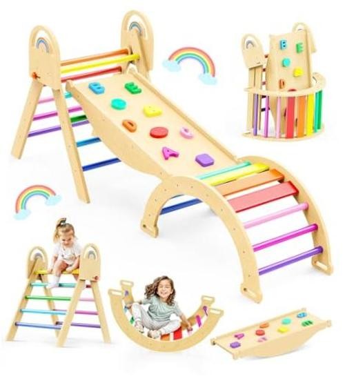 Pikler Triangle Set, 9-in-1 Montessori Climbing Toy for Toddlers, Rainbow