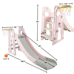 Toddler Slide with Basketball Hoop and Ball for Kids Age 3 and Up Playset, Pink