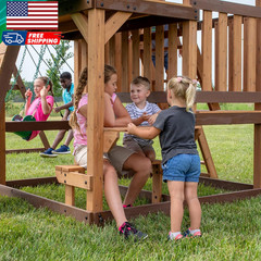 Highlander Cedar Wood Swing Set with Wave Slide Three-Story Clubhouse Rock Wall
