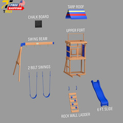 Wood Swing Set with Wave Slide Play Deck Rock Wall Ladder Belt Swings Outdoor Pl