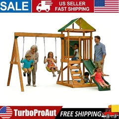 Wooden Swing Set Outdoor Kids Slide Backyard Playground Playset Rock Chalk Wall