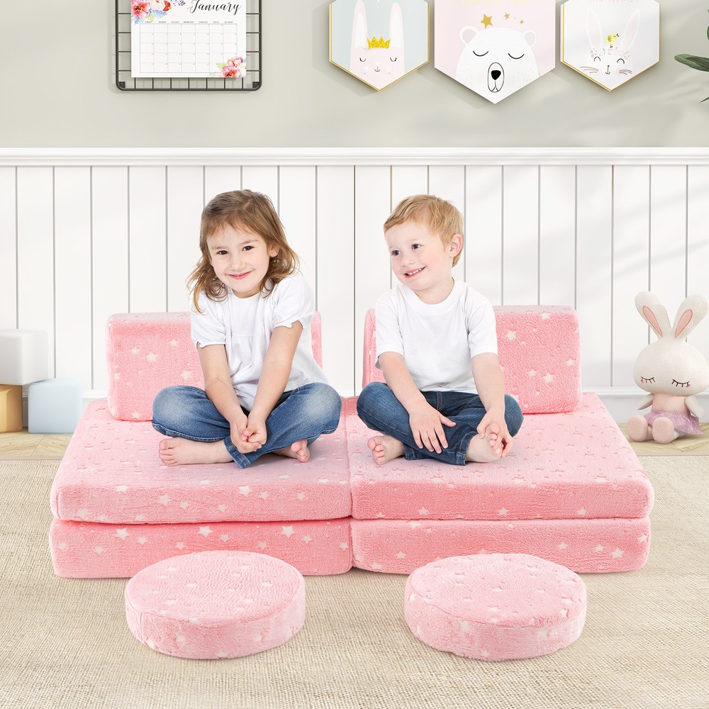 Modular Kids Play Couch Set Glow in Dark Portable Handles Pink Soft Foam Sofa