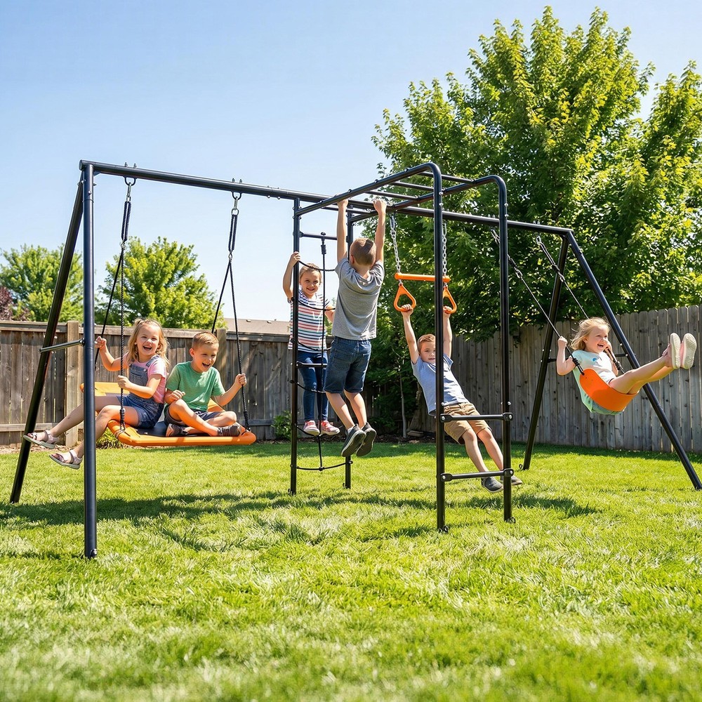 Heavy Duty Metal Swing Set for Backyard Playground with Monkey Bar Climbing Net