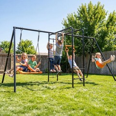 Heavy Duty Metal Swing Set Playground Set for Backyard w/Monkey Bar Climbing Net