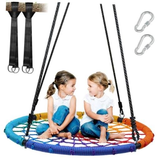 750lbs 40″ Spider Web Saucer Tree Swing for Kids Adults, Outdoor Net Rainbow