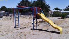 Outdoor Playground Set with Swings, Yellow Slide, Monkey Bars, Blue & Red Frame