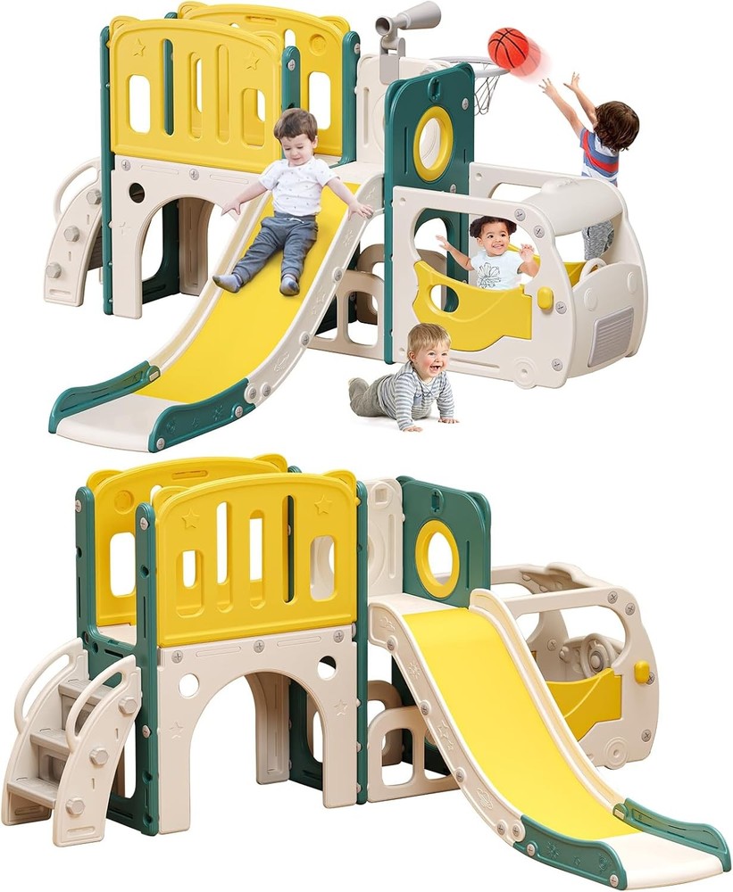 Toddler Slide Kids Slide Playset for Babies Bus Themed Toddler Playground with
