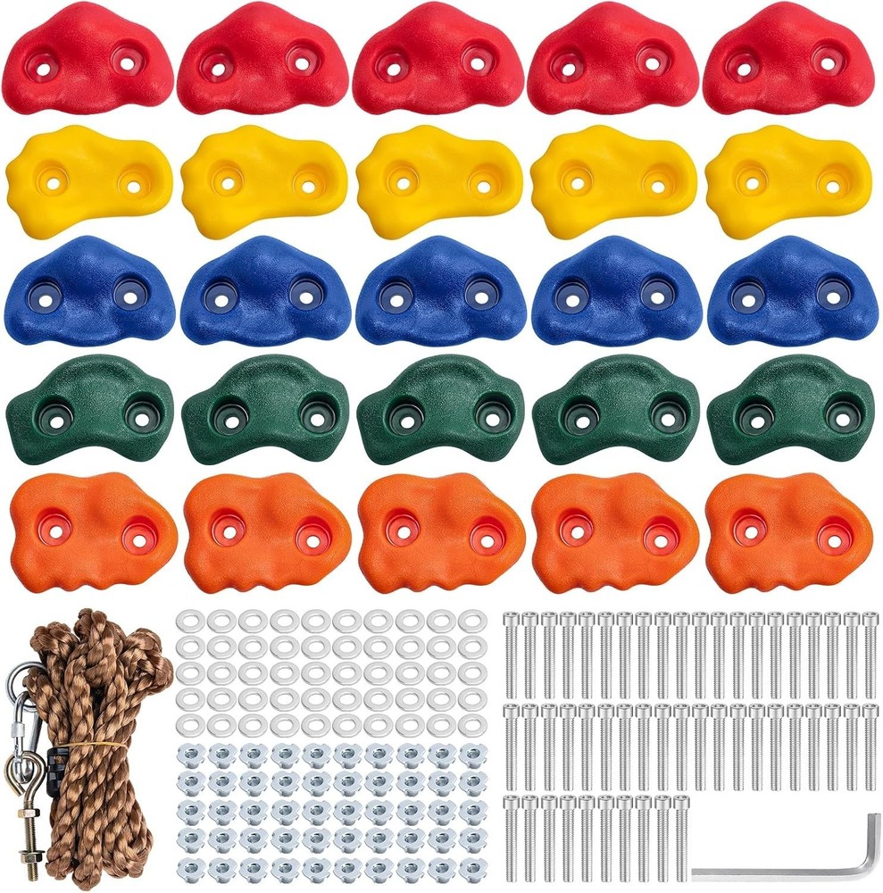 25PCS Rock Climbing Holds Kit with Rope & Mounting Hardware for Kids