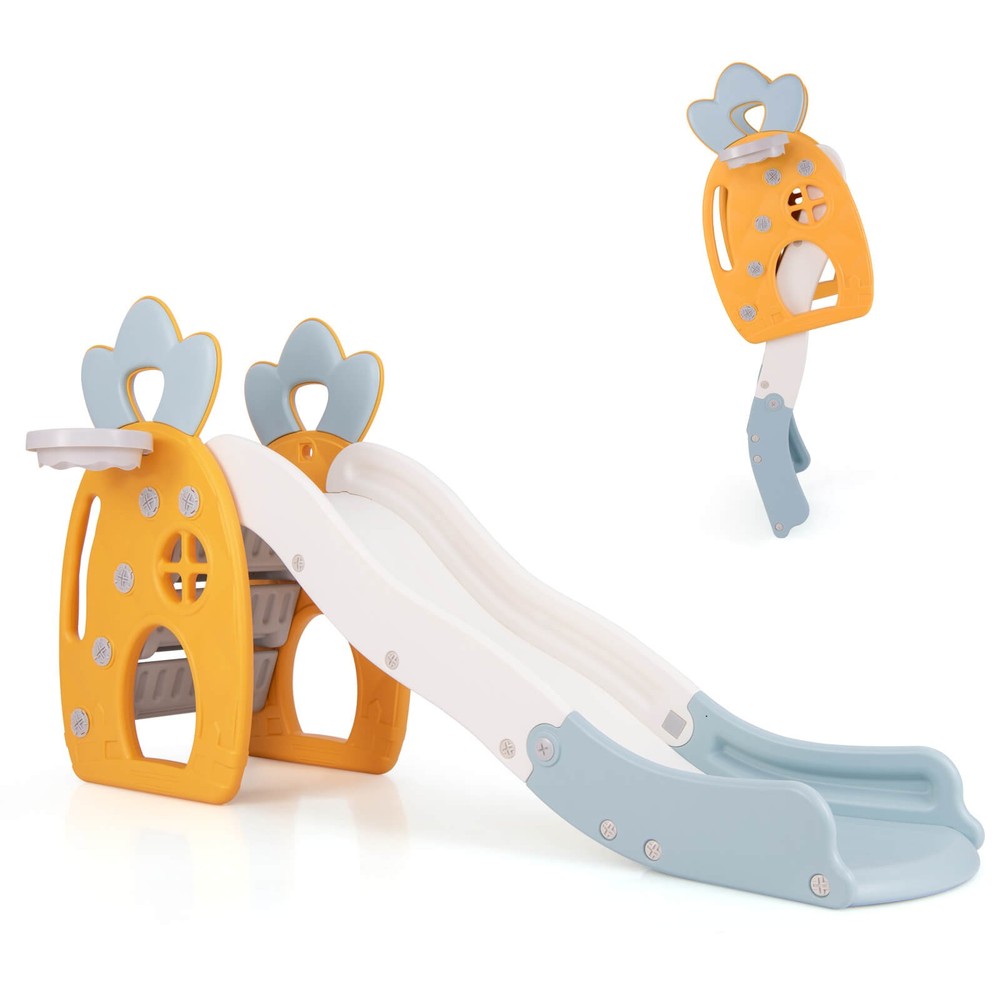 Indoor Foldable Kids Slide W/ Climber Basketball Hoop & Ball Buffer Zone