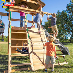Endeavor Cedar Wood Swing Set with Wave Slide Play Deck Double Rock Wall Rope