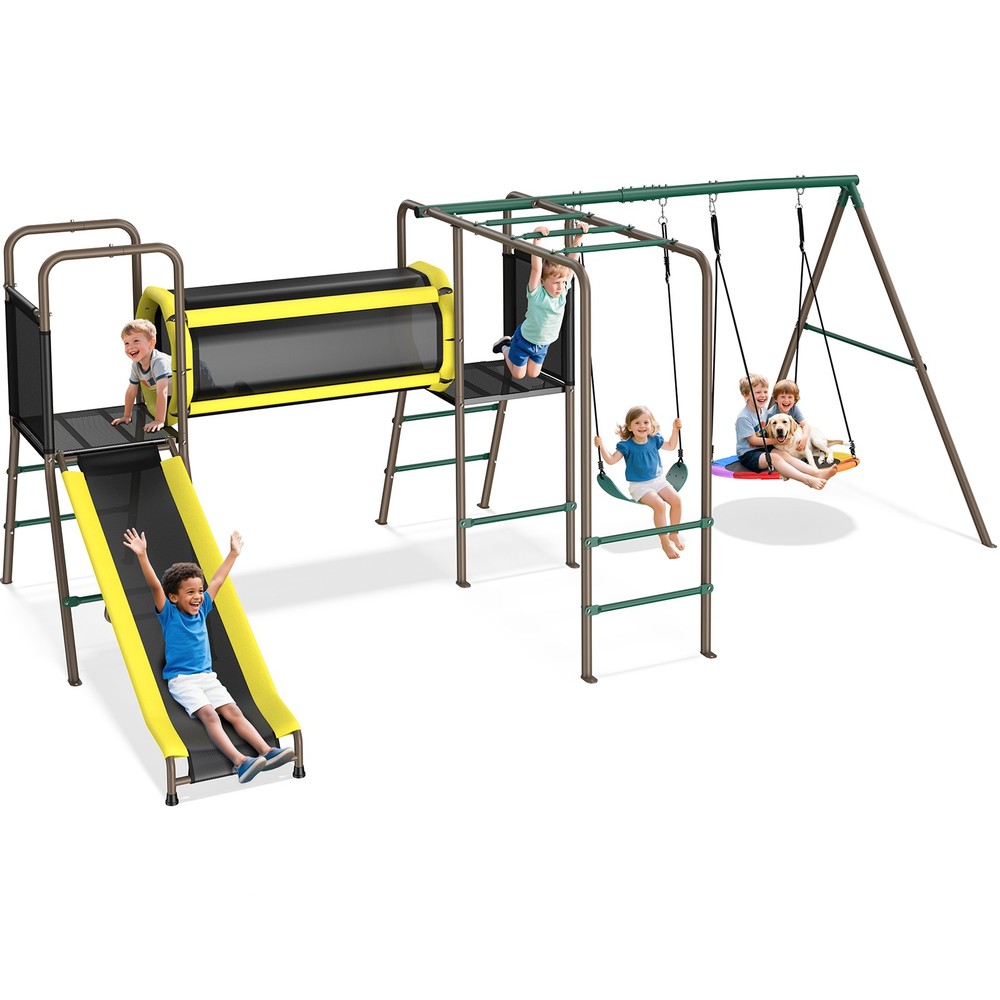 6 in 1 Metal Playground Swing Set Outdoor Play Set for Kids with Slide 2 Swings