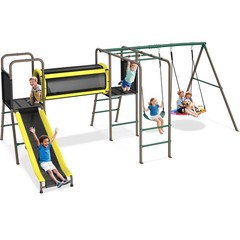 Metal Swing Sets Playground Set for Kids w/2 Swings, Climbing Ladder & 6ft Slide