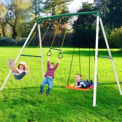 Hapfan 9.5ft Tall Heavy Duty Metal Outdoor Swing Set with 3 Swings & Trapeze Bar