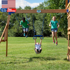 Backyard Discovery Beach Front Cedar Wood Swing Set with Wave Slide Play Deck