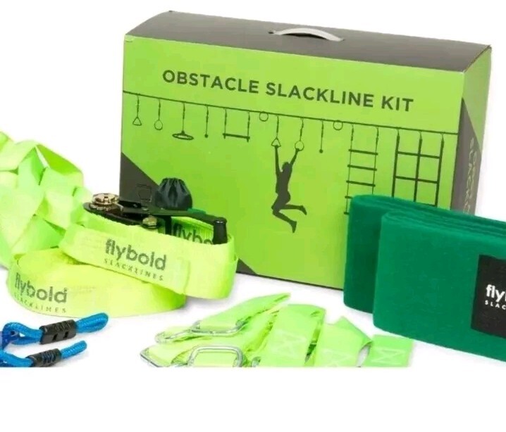 Flybold Obstacle Slackline Kit (40 ft) Ninja Warrior kit w Adjustable Obstacles