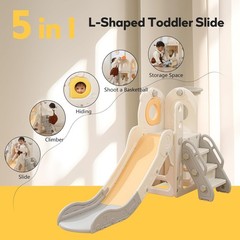 Freestanding Toddler Slide 5 in 1 Kid Playset for Toddler 1-3 L Shaped with Hoop