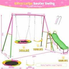Swing Sets for Backyard with Kids Slide Outdoor Metal Playset 3 in 1 Swing Set