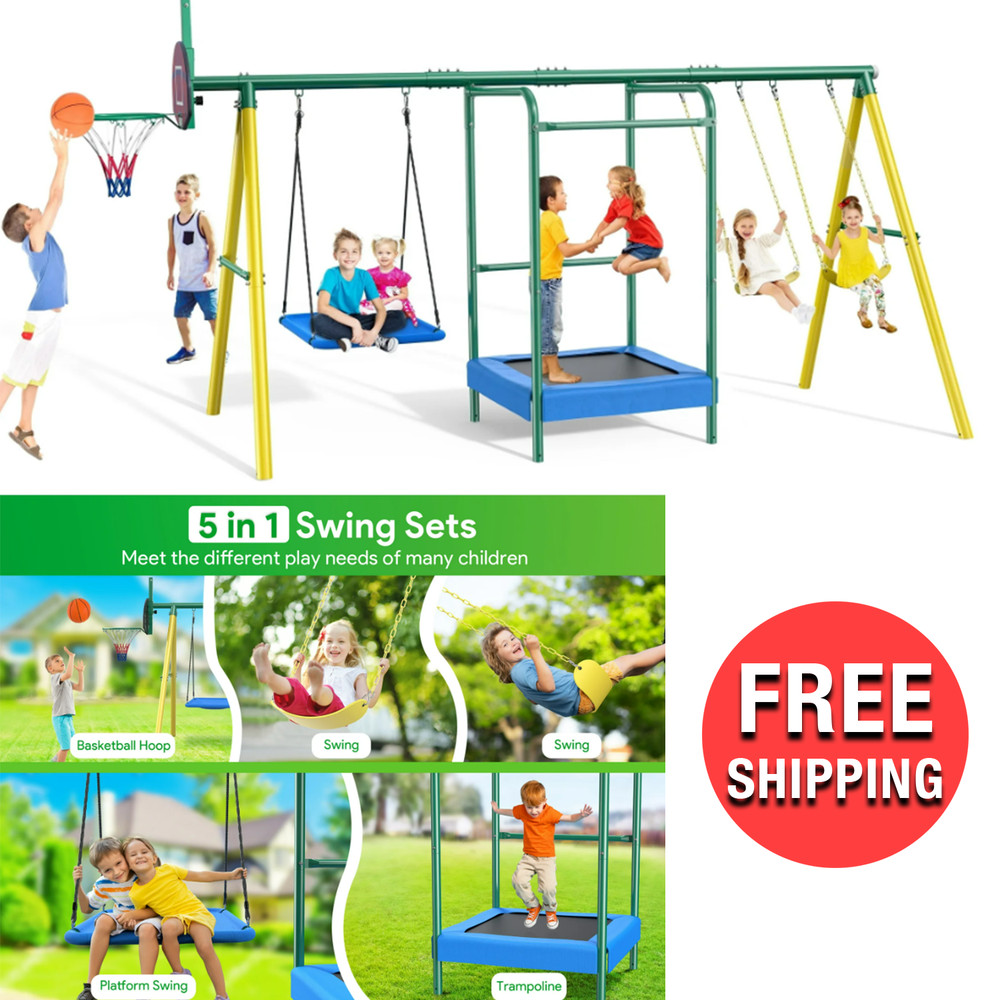 Kids Outdoor Playground Heavy-Duty Swing Play Set W/ Trampoline Basketball Hoop