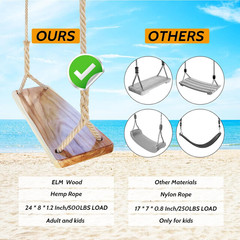 Wooden Swing,Wood Tree Swing for Adults Kids,Adjustable Hemp Rope plus Tree Stra